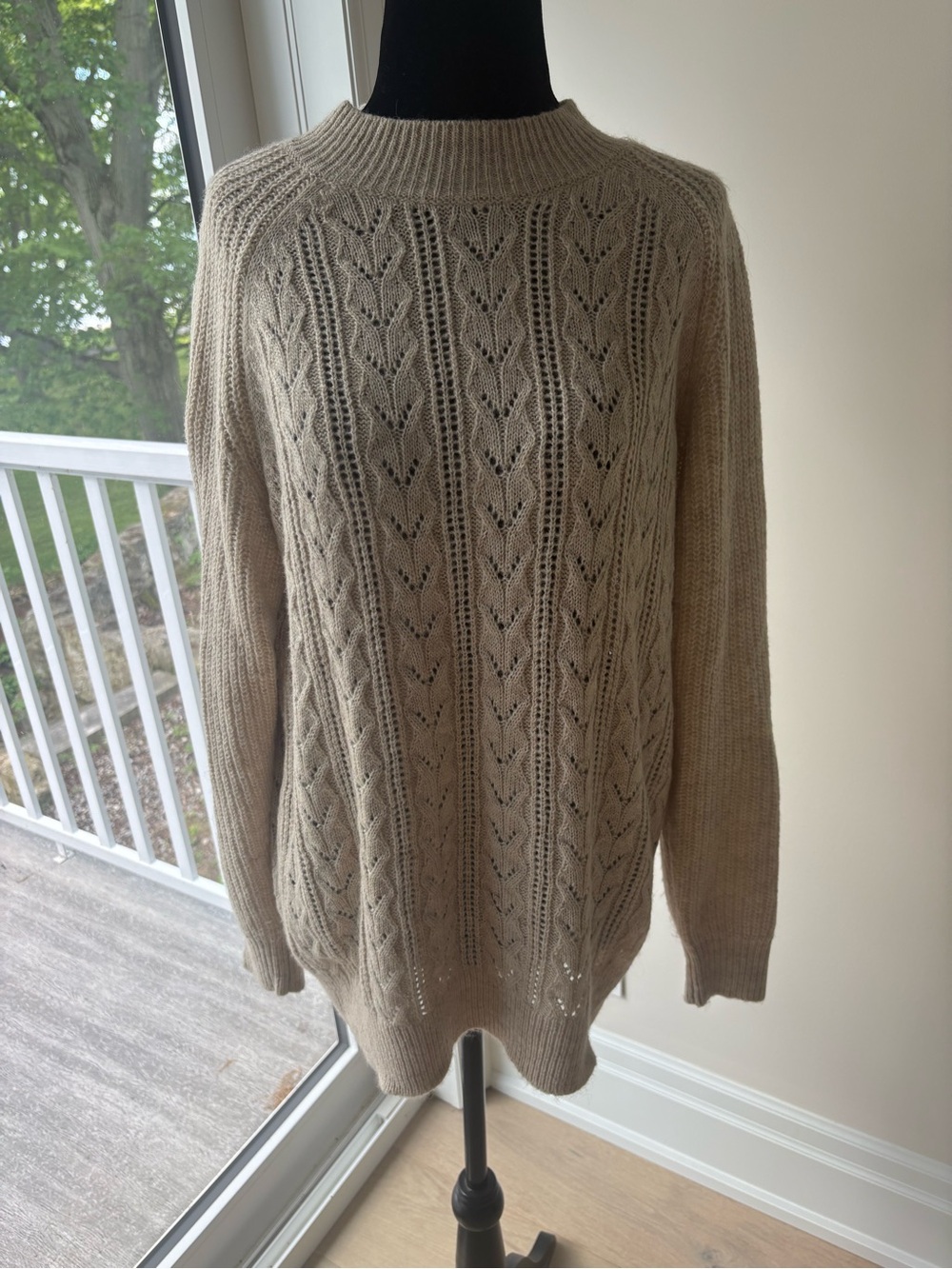 RW&CO. Taupe Open-Work Cable Crewneck Sweater